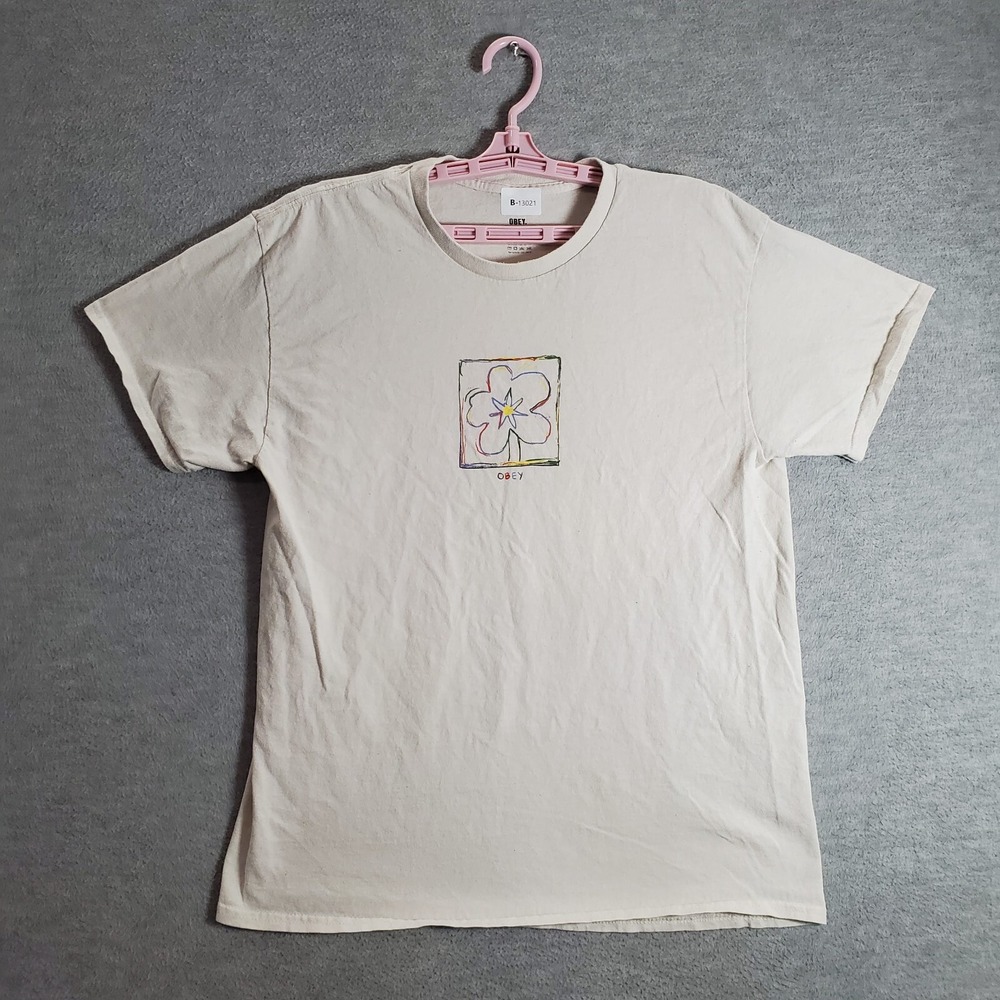 Obey Women Top‎ Large White Shirt Logo Flower Art Graphic Short Sleeve Tee